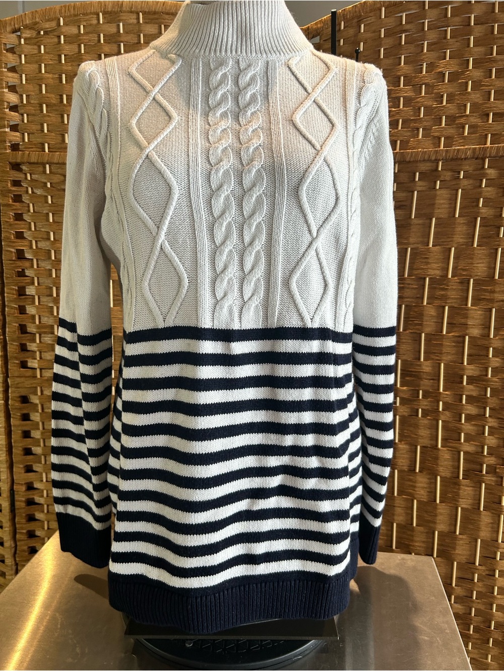 Talbots Cashmere Blend Cable Knit Striped Mock Neck Sweater L Nautical